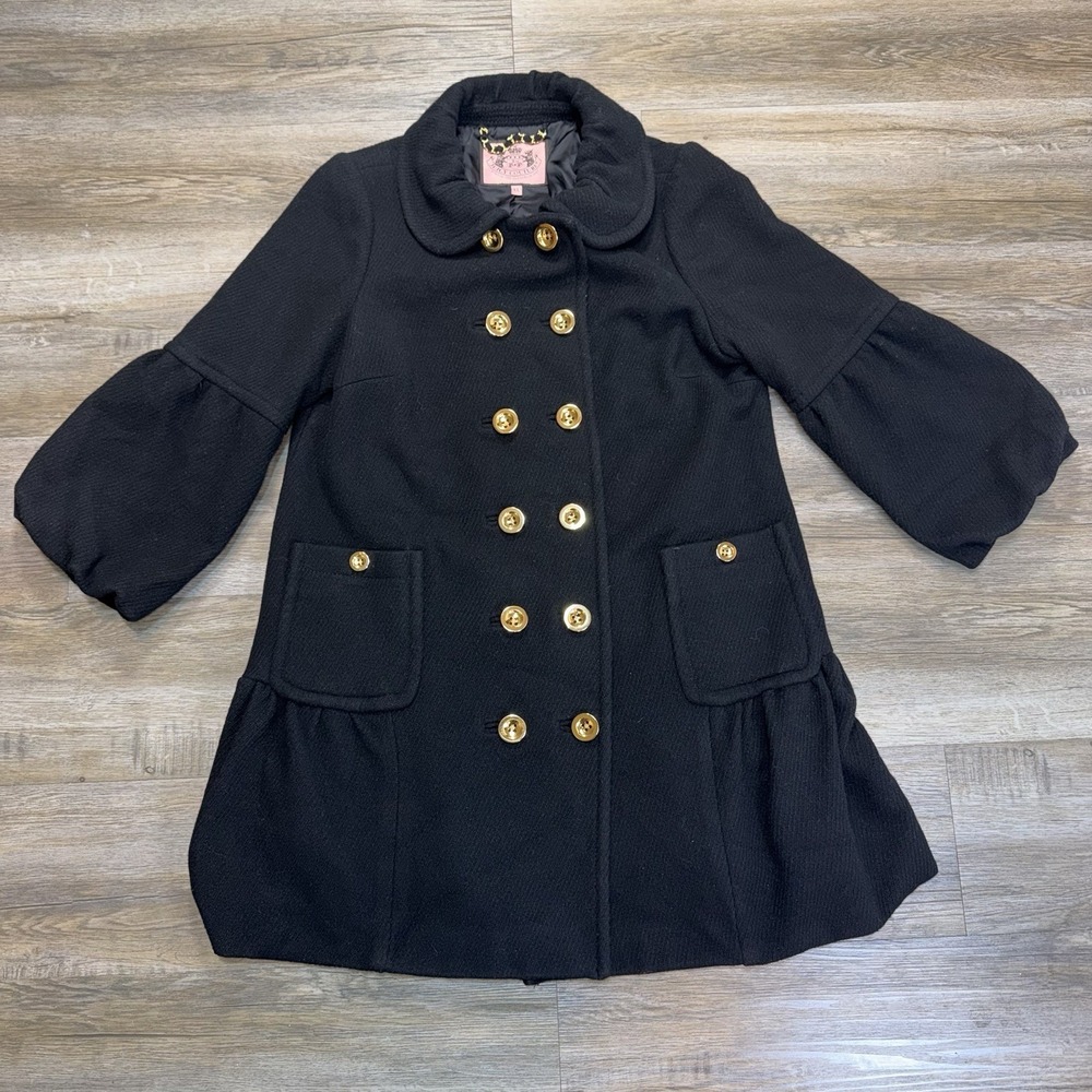 VTG Y2K Juicy Couture Black Double-Breasted Wool Coat Womens XL Gold Buttons